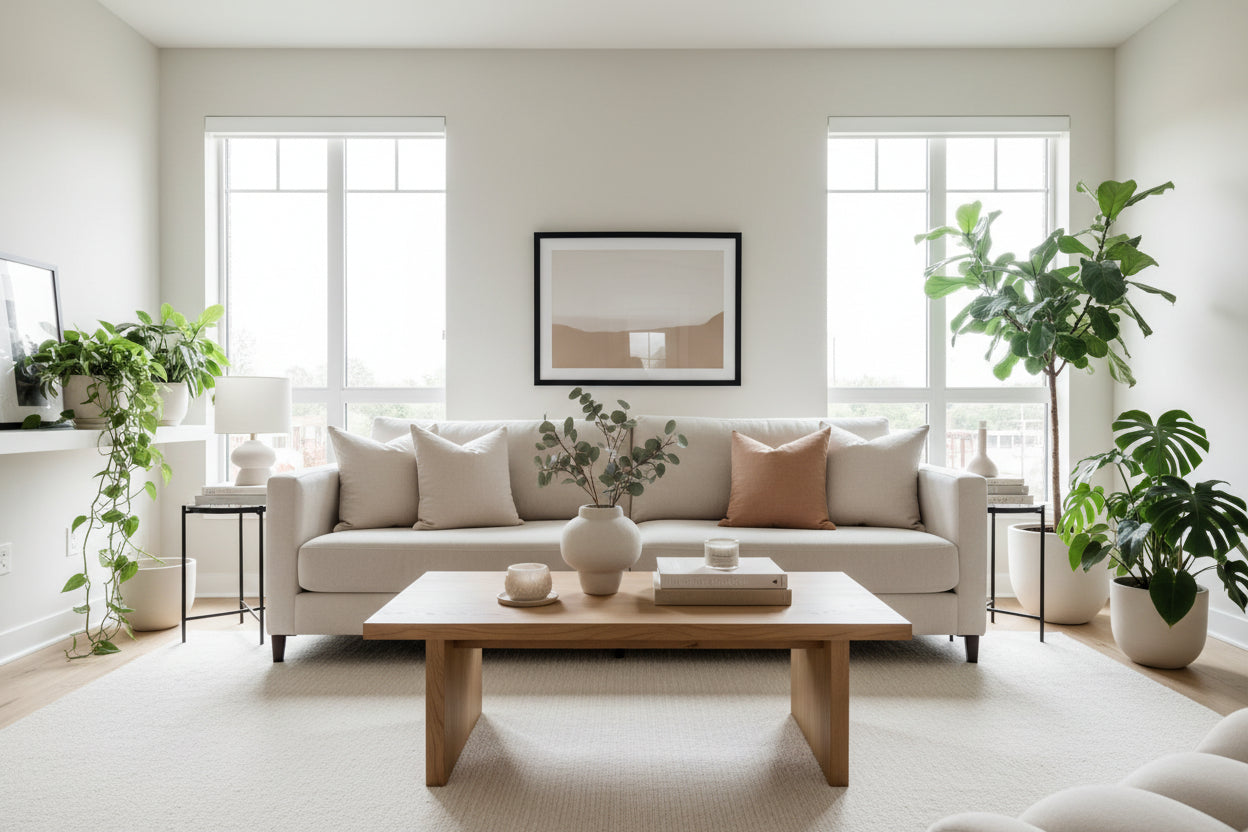 Modern living room with a beige sofa, wooden coffee table, and decorative plants.